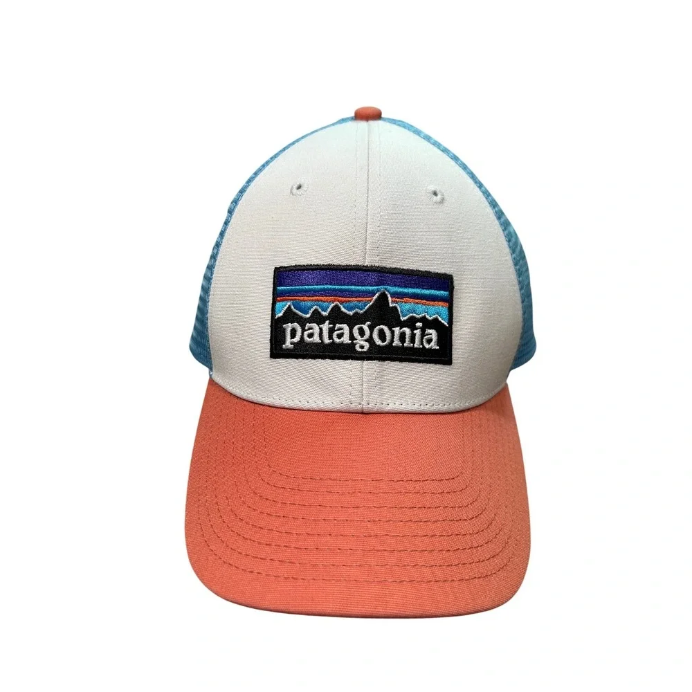 Patagonia Logo Trucker Hat White Blue Orange Snapback Cap Mesh‎ Back Mens Hiking